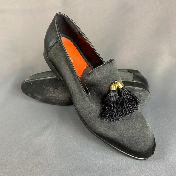 Tallia Eduardo Black Leather & Satin Tassel Loafer Slip on Shoes Size 7 - Picture 3 of 16